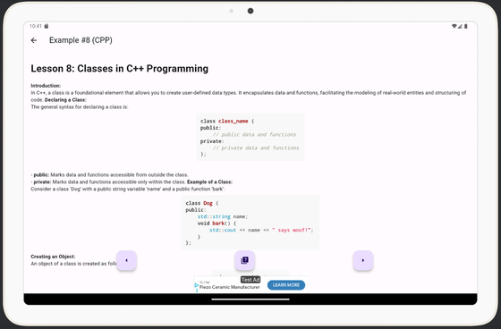 Lesson view showing a C++ classes lesson